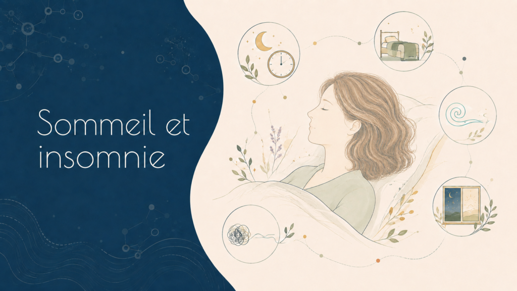 Illustration du sommeil et de l’insomnie montrant une personne au repos dans son lit, entourée de symboles liés au rythme circadien, à l’environnement de sommeil, à la respiration et à l’apaisement des pensées.