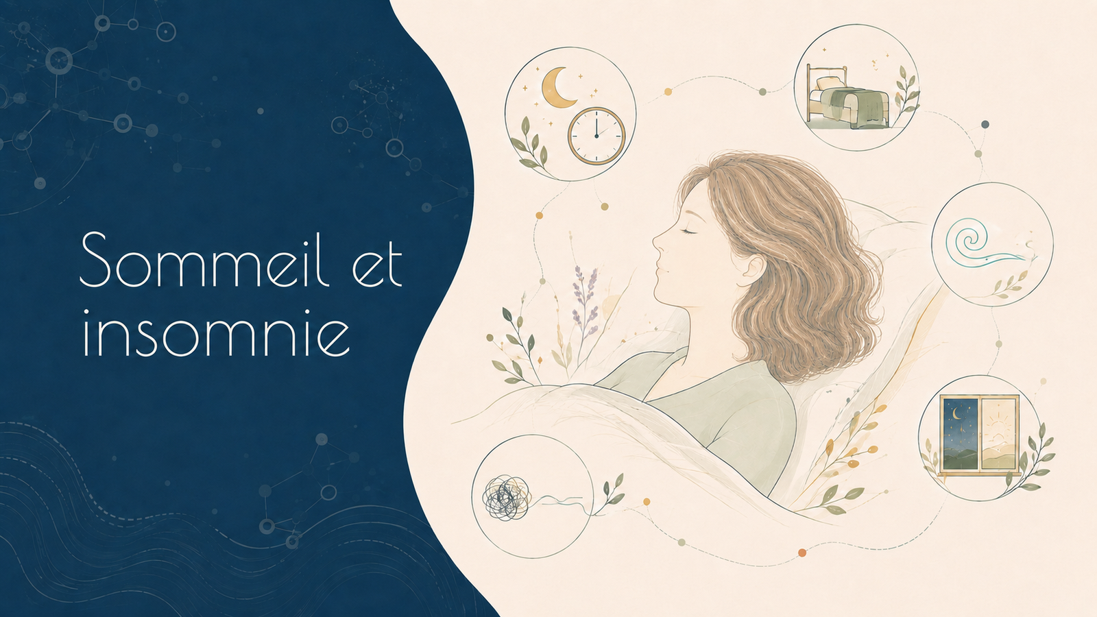 Illustration du sommeil et de l’insomnie montrant une personne au repos dans son lit, entourée de symboles liés au rythme circadien, à l’environnement de sommeil, à la respiration et à l’apaisement des pensées.