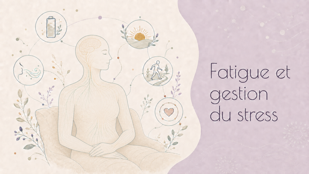 Illustration de la fatigue et de la gestion du stress montrant une silhouette humaine en posture de respiration ou de méditation, entourée de symboles liés à l’hydratation, au sommeil, à la lumière naturelle, à l’activité physique et à la relaxation.