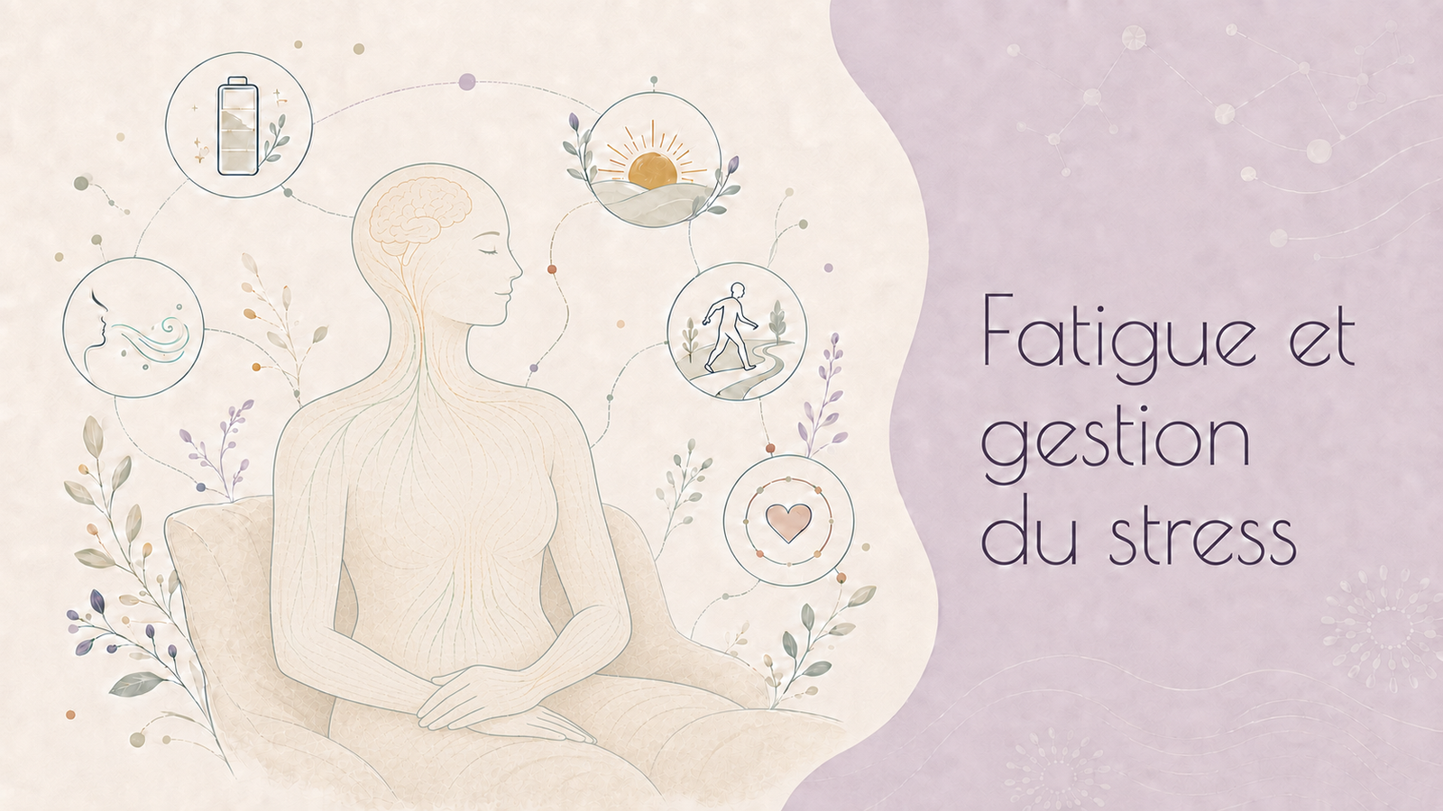 Illustration de la fatigue et de la gestion du stress montrant une silhouette humaine en posture de respiration ou de méditation, entourée de symboles liés à l’hydratation, au sommeil, à la lumière naturelle, à l’activité physique et à la relaxation.