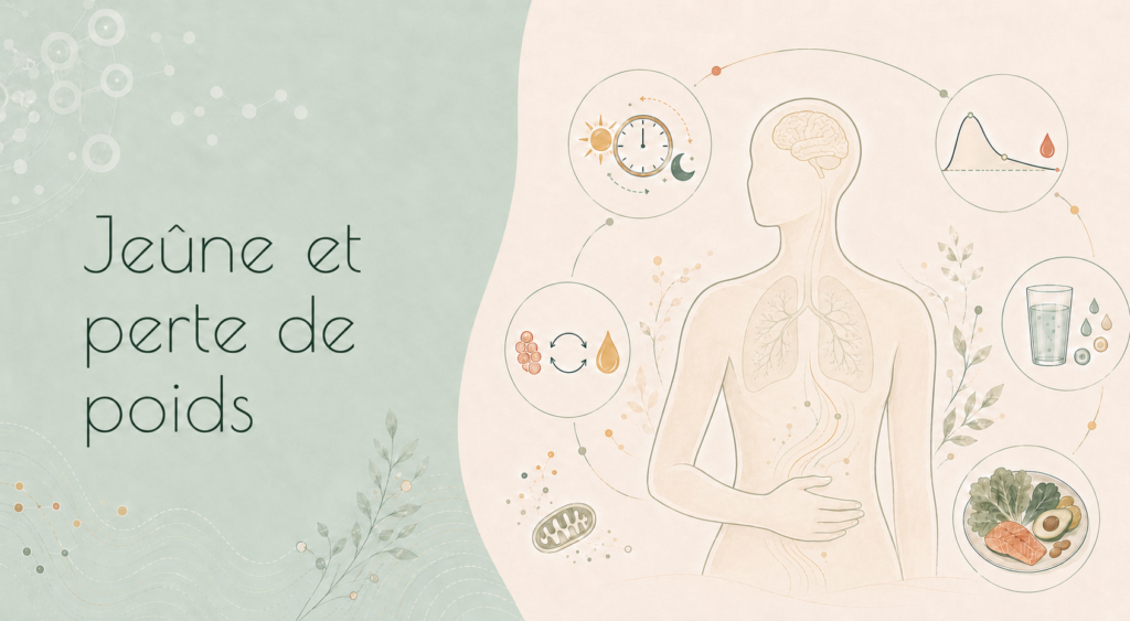 Illustration du jeûne et de la perte de poids montrant une silhouette humaine avec le cerveau, les poumons et le système digestif, entourée de symboles liés au rythme circadien, à la flexibilité métabolique, à l’hydratation et à une alimentation équilibrée.