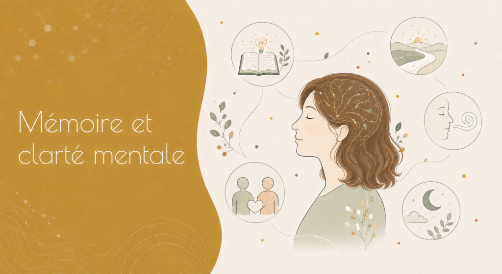 Illustration de la mémoire et de la clarté mentale montrant un profil humain avec des réseaux neuronaux, entouré de symboles liés à l’apprentissage, à la respiration, aux relations sociales, au sommeil et à l’équilibre de vie.
