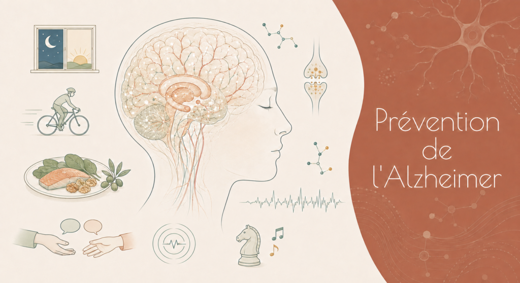 Illustration de la prévention de la maladie d’Alzheimer montrant un cerveau détaillé, entouré de symboles liés au sommeil, à l’activité physique, à l’alimentation, aux liens sociaux, à la stimulation cognitive et à la santé cardiovasculaire.