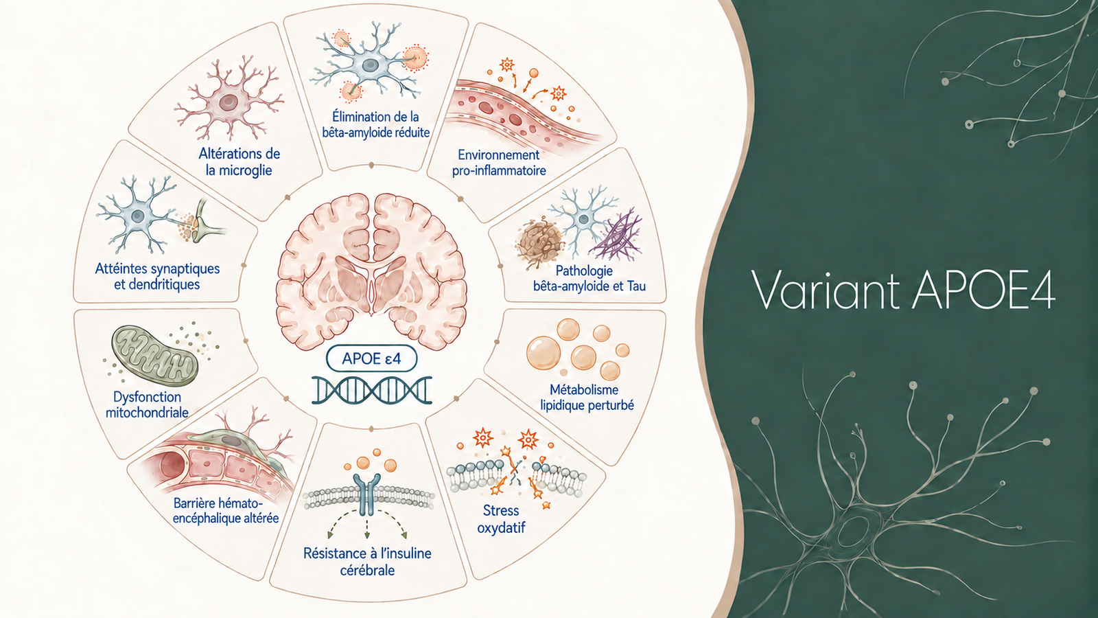 Illustration scientifique des principaux mécanismes associés à l’APOE4, incluant l’inflammation, la bêta-amyloïde, la protéine Tau, le métabolisme lipidique, l’insuline cérébrale, la barrière hémato-encéphalique, les mitochondries et le stress oxydatif.